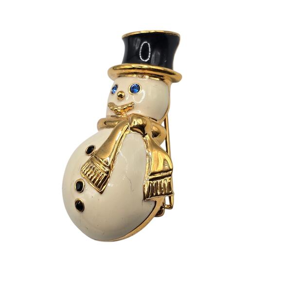 Monet Snowman Brooch Pin Gold Tone Enamel Scarf Blue Eyes Holiday Jewelry Gift - Picture 2 of 11